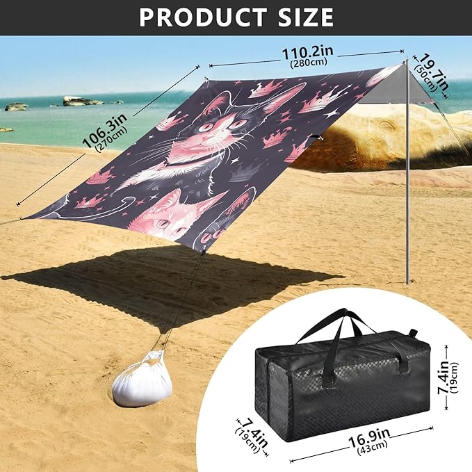 ALAZA Cat Kitten Crown Beach Tent Sun Shelter UPF50+ Protection Beach Shade Canopy w/ 4 Sandbags for Outdoor Camping Fishing Backyard Fun Picnic 10x9 ft