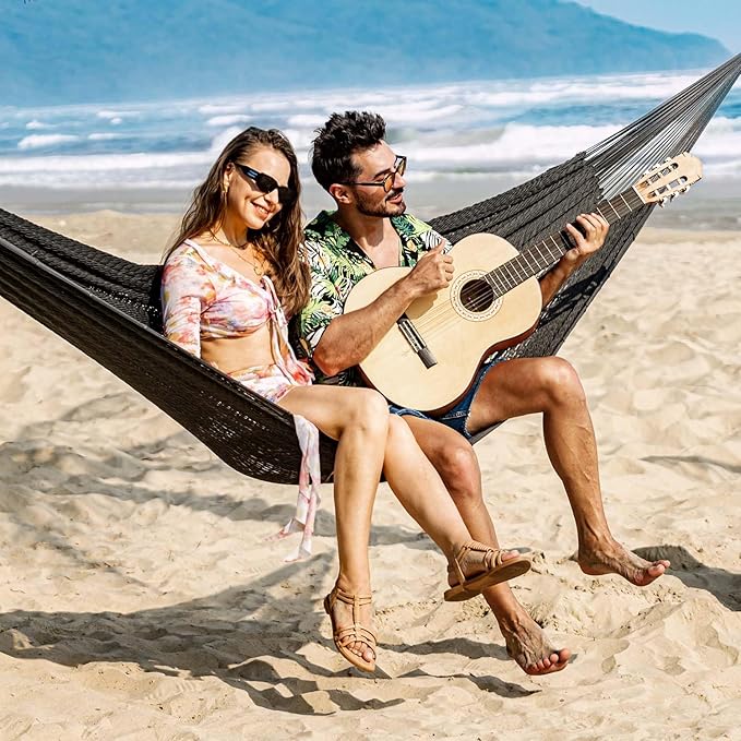 Lazy Daze Hammocks Handwoven Mayan Hammock 10.5 FT Soft Rope Double Hammocks Portable Outdoor Hammock with Carry Bag 2 Straps &amp Carabiners for Patio Outside 550 lbs Weight Capacity Gray