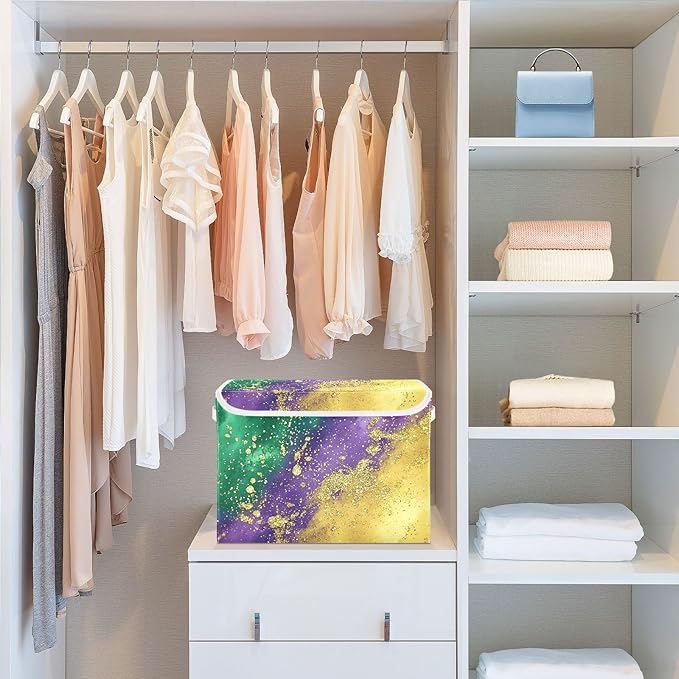 Mardi Gras Background Fabric Storage Bins with Lids and HandleFoldable Storage Bins with LidsCloset Organizers for Clothes Storage Room Organization Office Storage Chest Organizer