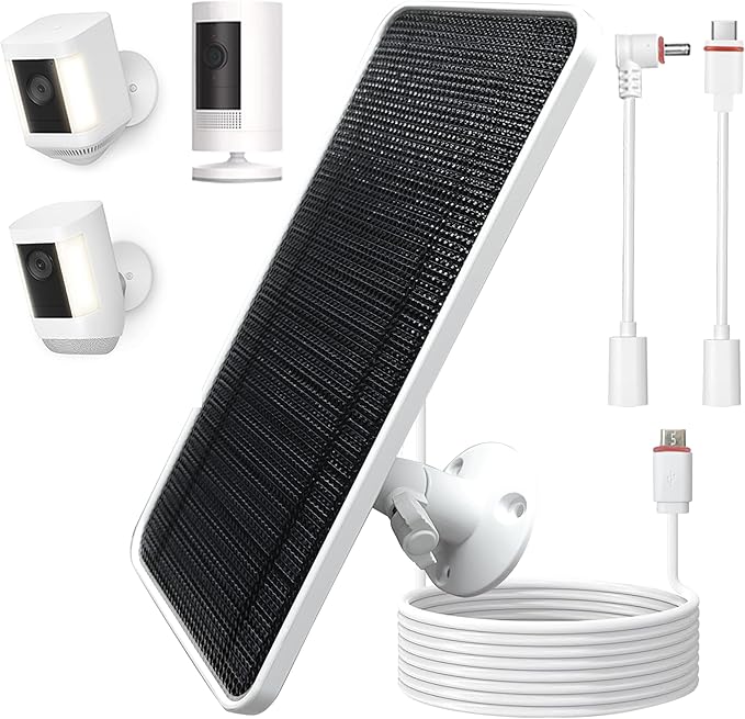 AYF Solar Panel Compatible with Ring Spotlight Cam Stick Up Cam &amp Outdoor Cam Battery Weatherproof Charger with 13FT Cable Secure Mount 2 Cables (Micro USB to Type-C &amp Micro USB to DC) 1