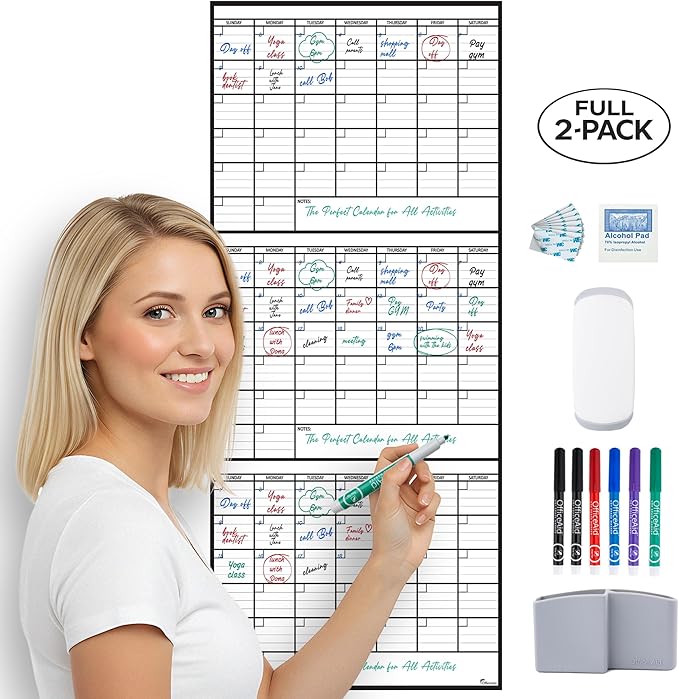 (2 PK) 3 Month Dry Erase Calendar for Wall 40x17 3 Month Wall Calendar Dry Erase Big White Board for Office Home &amp School Erasable Whiteboard Monthly Undated Reusable White Board Planner