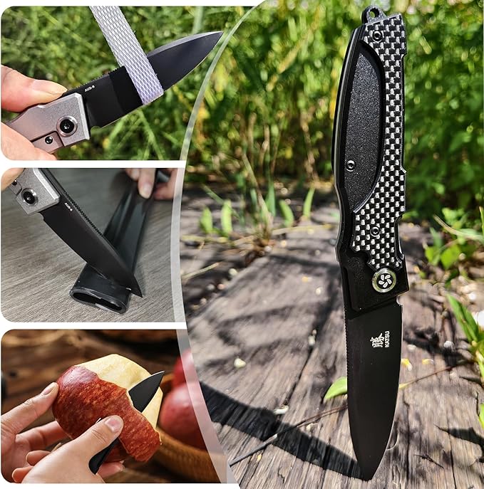KATSU Japanese Folding Pocket Knife For Men Women Sakura Blade Nemoto Design 3.5 AUS-8 Steel Blade EDC Knife with Pocket Clip for Indoor &amp Outdoor Camping Fishing Hiking (Black)