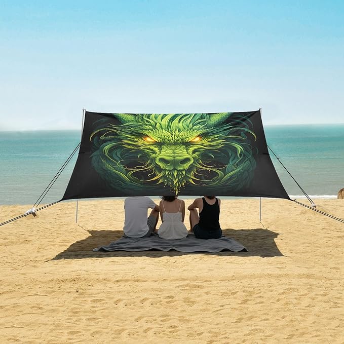 ALAZA Green Dragon Beach Tent Sun Shelter UPF50+ Protection Beach Shade Canopy w/ 4 Sandbags for Outdoor Camping Fishing Backyard Fun Picnic 10x9 ft