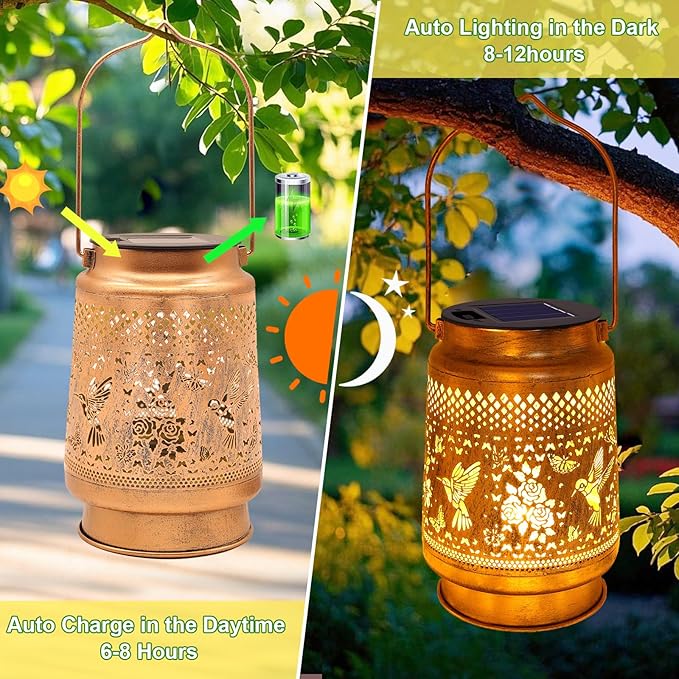 Hummingbird Rose Solar Lanterns Outdoor with Shepherd Hook Birthday Gift Mothers Day Gift for Women Mom Grandma Wife Daughter Waterproof Hanging LED Lights Decor for Yard Garden Patio Porch Lawn