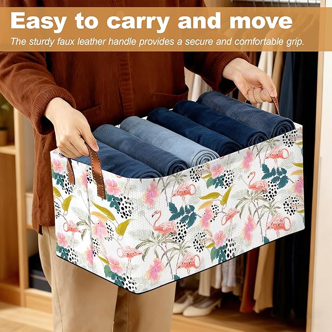 Storage Bin with Handles Forest Pink Flamingo Collapsible Laundry Baskets for Books Laundry - Use in Nursery Closet Organizers and Storage Blanket Basket