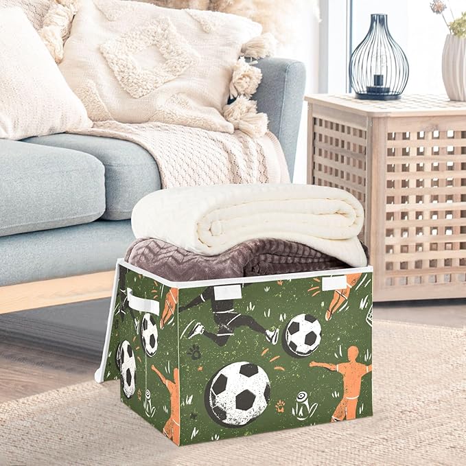 Green Soccer Player Ball Outline Storage Box with Lid 1 PC Foldable Storage Bin with Lids Stackable Storage Bins Cube Closet Organizer Basket with Flip-Top Lid &amp Handles for Shoes Books Towels