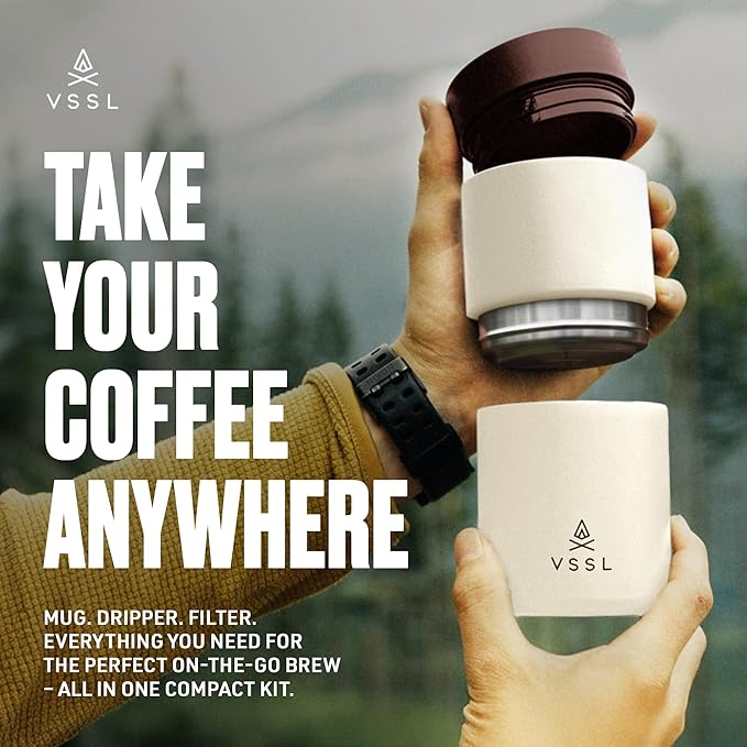 VSSL - Nest Pour Over Coffee Set | Coffee Maker for Camping | All-In-One Travel Pour Over | Transportable Dripper 10oz Stainless Steel Travel Mug | Compact Storage &amp Adventure Ready | Cream