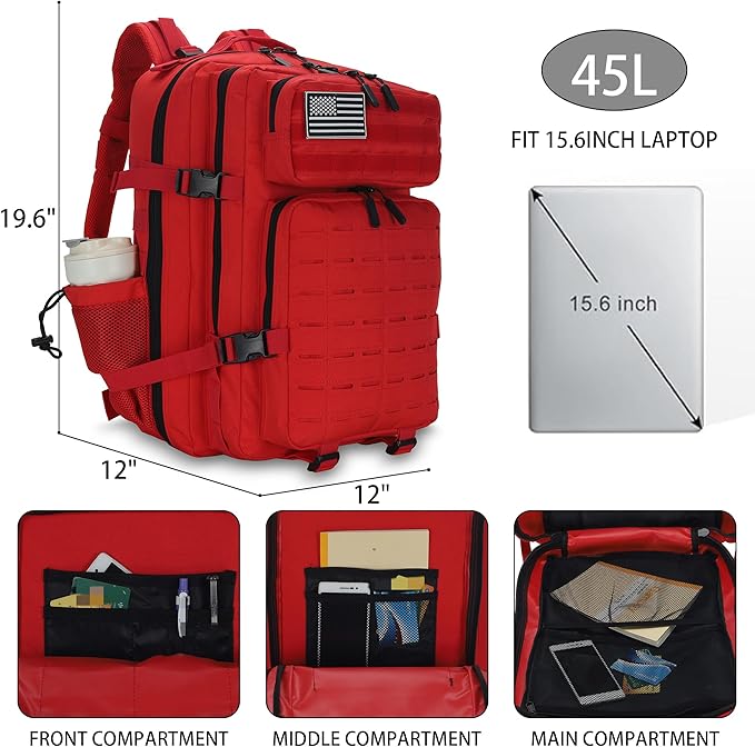 Sparklekle Military Tactical Backpack 45L 3 Day Assault Pack Waterproof Molle Hiking Rucksack for Men&ampWomen (Red)