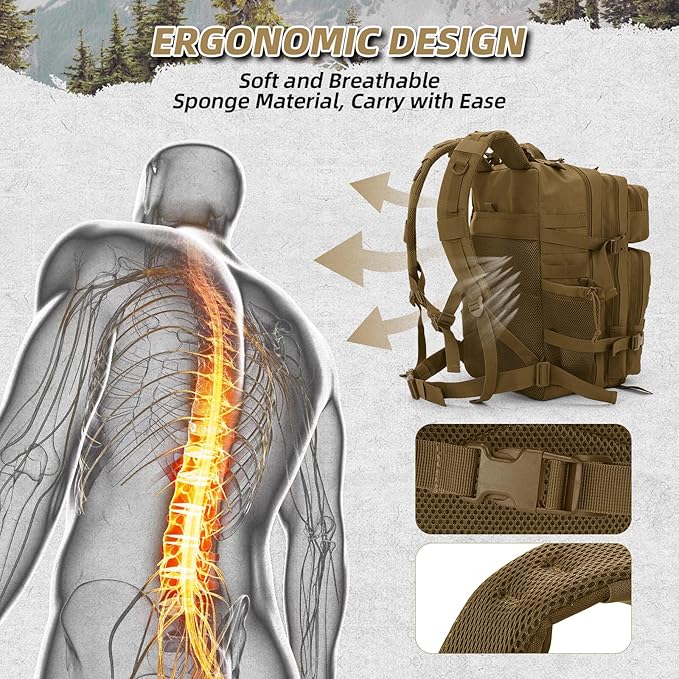 45L Military Tactical Backpack For Men and Women Molle Daypack 3 Day Bug Out Bag Hiking Gym Backpack Rucksack With Bottle Holder Khaki