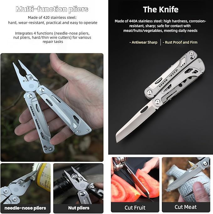 Multitools 20-in-1 Full-Size Lightweight EDC Multi-Purpose PliersWith Safety Locking Knife Tactical Gear Tools Men Gift Ideas Equipment for Emergencies Hiking and Outdoor Camping (Silver)
