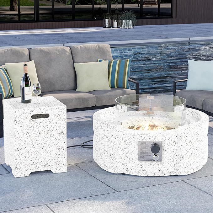 HOMPUS Round Fire Pit Table Outdoor Propane Fire Pit w Free Lava Rocks &amp Rain Cover Terrazzo Colorful Fire Table w Tank Cover &amp Wind Guard for Patio