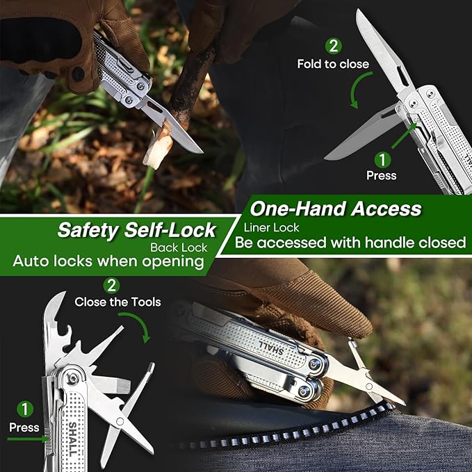 SHALL Multi Tool 18-in-1 Multitool Pliers Stainless Steel Multi-tool Pocket Knife w/Screwdriver Bit &amp Universal Socket Self-locking Multipurpose Tool w/Sheath for Camping Fishing Survival Hunti