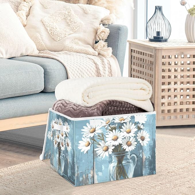 Collapsible Storage Bins with Lids Decorative Fabric Storage Cubes Closet Organizer and Storage Basket Boxes Containers for Clothes Box Chest Nursery Folding Rectangle Daisy Wooden Blue