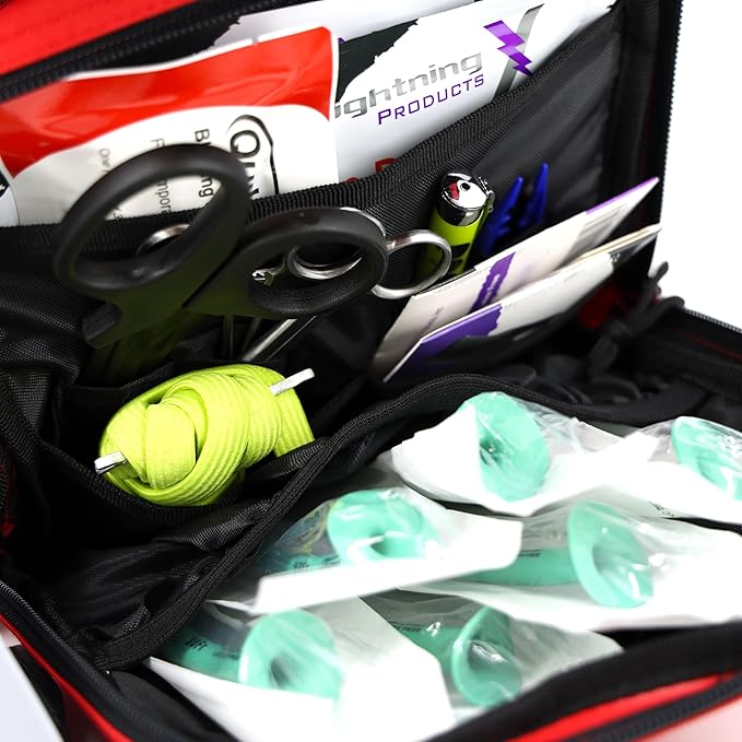 Lightning X Fully Stocked TacMed First Responder Trauma Medical Backpack EMT Kit | MB45-SKF | w/Professional First Aid Emergency Supplies (Red w/Hydration Bladder)
