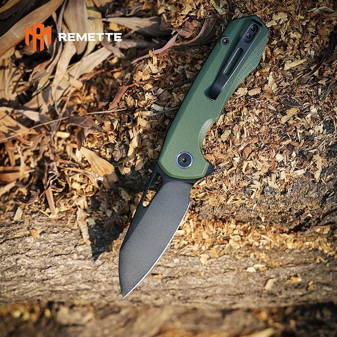 REMETTE RT-CAMEL Folding Pocket Knife Button Liner Lock - 3.1 D2 Steel Blade Green G10 Handle EDC Knife with Reversible Pocket Clip Sharp Knife for Hiking Camping Men &amp Women - RTG1