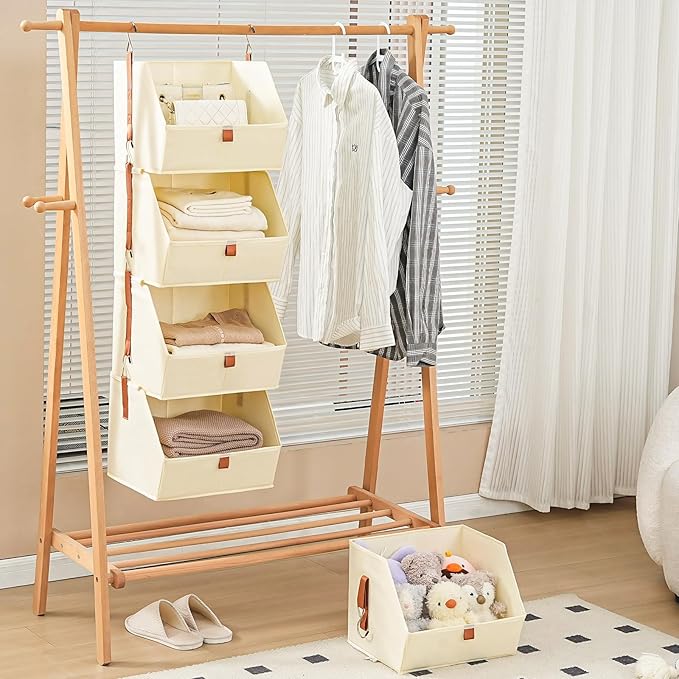 4 Tier Hanging Closet OrganizerDisassemblable Clothes Hanging ShelvesFabric Closet Organizer System for Space-SavingFoldable Storage Basket for Bedroom Rv (2 PackBeige)