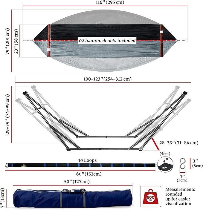 Tranquillo Combo x2 Hammocks with Stand for Outside &amp Tree Straps Heavy Duty Hammock with Stand 600lbs for Indoor Outdoor Patio Backyard x2 Hammocks for 2 Person (Combo - Black Medium)