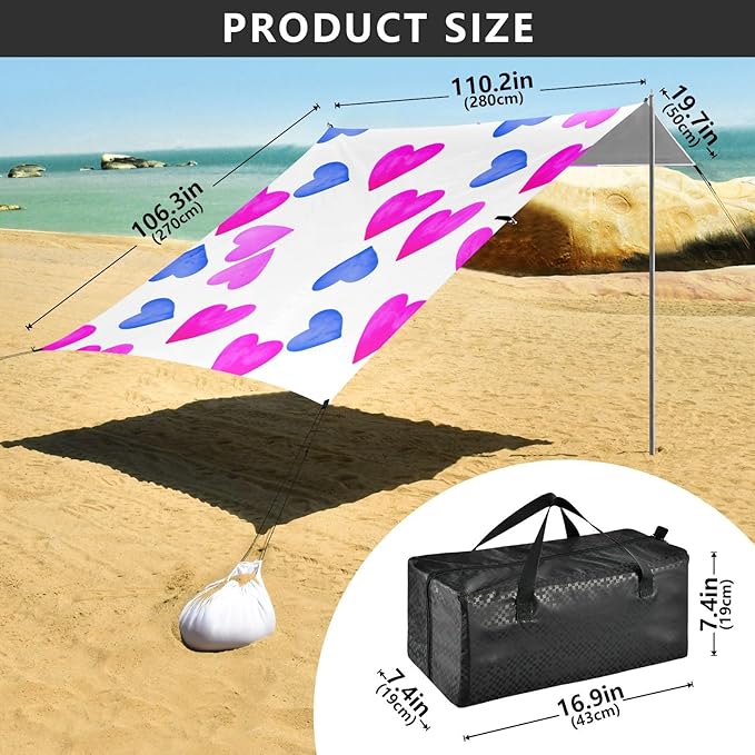 Beach Canopy with Windproof Ropes &amp Sandbags Beach Tent Sun Shade Sun Shelter for Camping Trips Fishing Backyard Fun or Picnics Heart