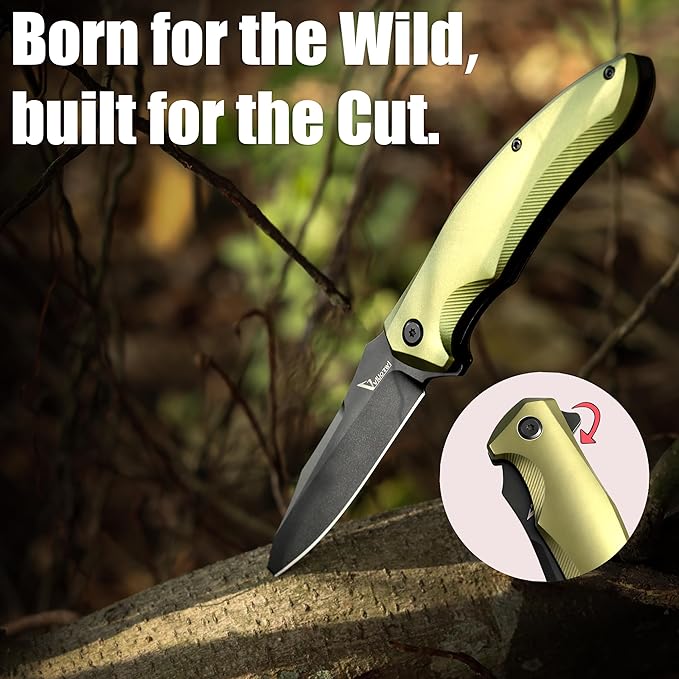 Ranger VR-09G Folding Knife - D2 Steel Blade HRC 60-65 Premium EDC Pocket Knife with Textured Olive Green Aluminum Handle Solid Liner Lock &amp Deep Carry Clip for Camping Fishing Hiking Work &a