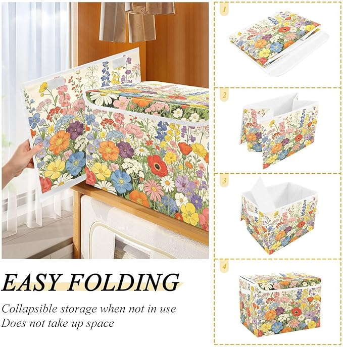 Spring Wildflowers Yellow Storage Box with Lid 1 PC Foldable Storage Bin with Lids Stackable Storage Bins Cube Closet Organizer Basket with Flip-Top Lid &amp Handles for Shoes Books Towels