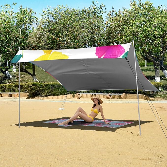 xigua Leaves Beach Tent Sun Shelter with Carrying Bag - Silver Coated Oxford Fabric Beach Canopy for Beach Camping Fishing - Includes Windproof Ropes Sandbags &amp Stakes