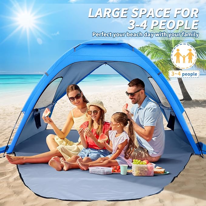 BESTonZON Foldable Beach Tent – Instant Pop-Up Sun Shelter with UPF 50+ UV Protection Lightweight Portable for Beach Camping Backyard Includes Carry Bag Stakes Windproof Anchors