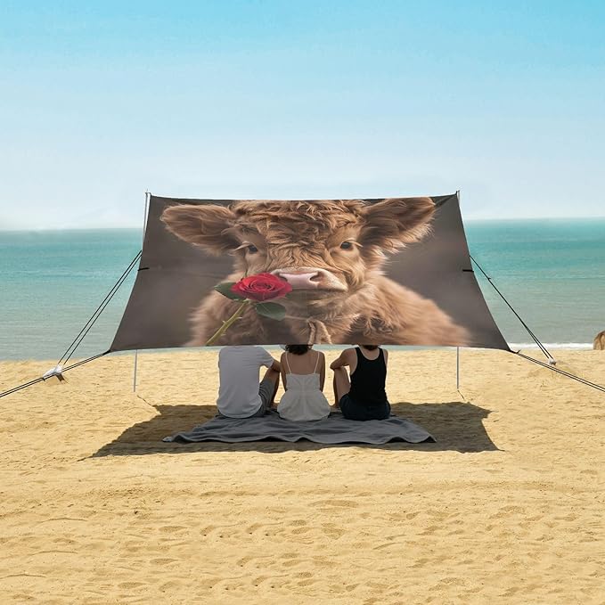 ALAZA Cute Calf Bull Beach Tent Sun Shelter UPF50+ Protection Beach Shade Canopy w/ 4 Sandbags for Outdoor Camping Fishing Backyard Fun Picnic 10x9 ft