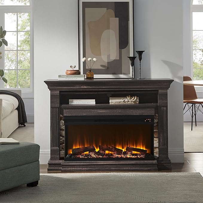 OKD 52 Inch Electric Fireplace with Mantel Fireplace TV Stand with 36 3-Sided Glass Electric Fireplace Heater for Living Room Dark Rustic Oak