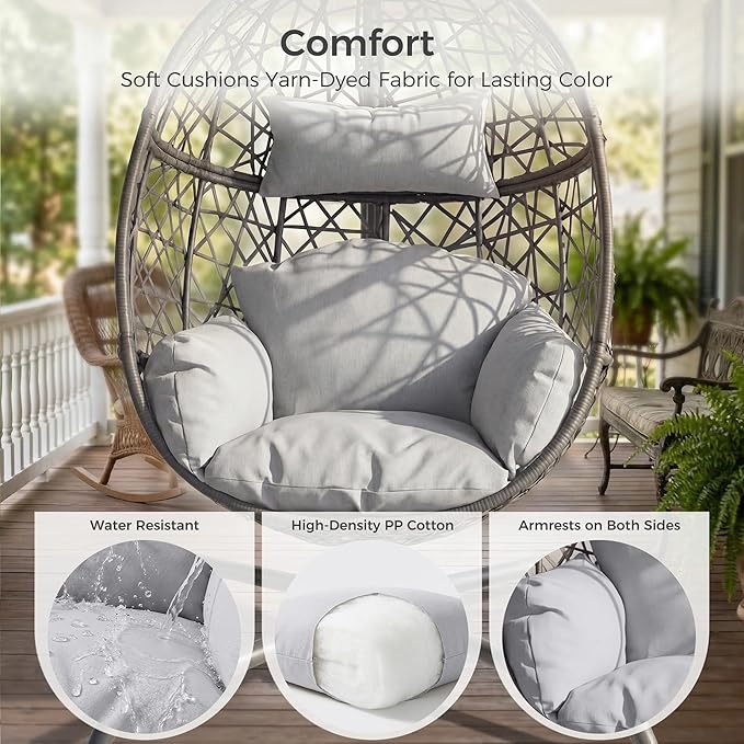 BULEXYARD Oversized Hanging Egg Chair with Stand Indoor Outdoor Grey Wicker Bird Cage Swing Chair Patio Hammock Egg-Shaped Chair with Light Grey Cushion for Sunroom Deck 350lbs Capacity