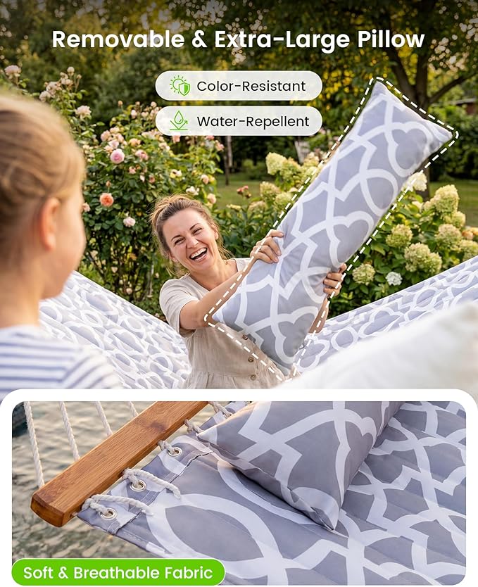 ANAGOO Double Quilted Outdoor Hammock for 2 Adults 500lb Capacity Backyard &amp Camping Hammock with Pillow and Bamboo Spreader Bar Fits 11–15ft Hammock Stands (Stand Not Included)Light Gray