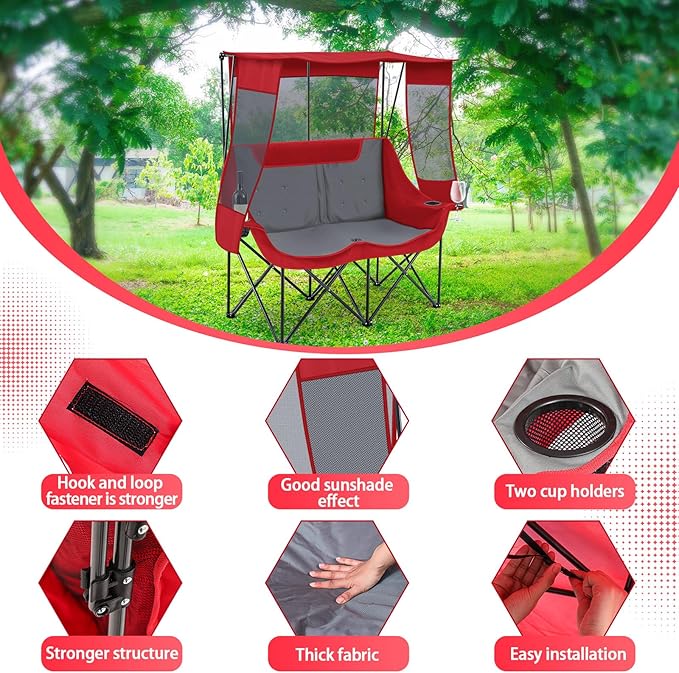 Teenyyou Double Camping Chair with Canopy Shade 660lbs Heavy Duty Beach Chair Portable Folding 2 Person Camping Loveseat with Cup Holder and Storage Bag for Lawn Beach Outdoor Sport(Red and Grey)