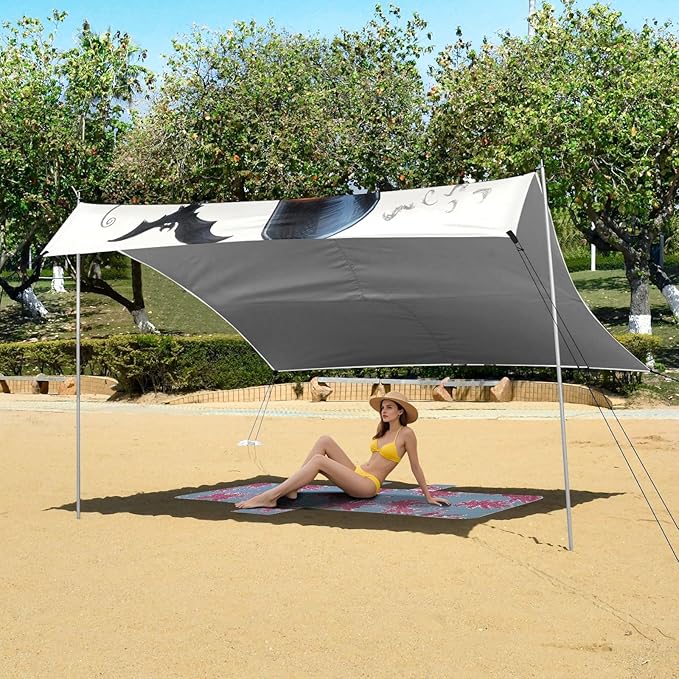 ALAZA Pumpkin Skull Skeleton Halloween Beach Tent Sun Shelter UPF50+ Protection Beach Shade Canopy w/ 4 Sandbags for Outdoor Camping Fishing Backyard Fun Picnic 10x9 ft