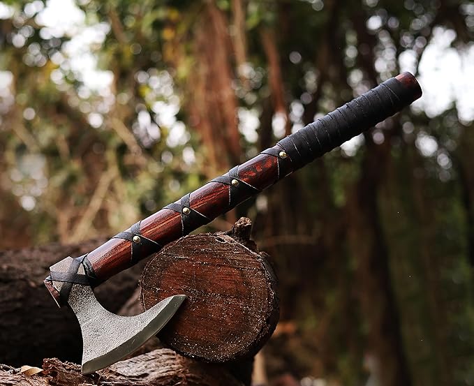 WAZIR Crafts Viking Axe | 17″ Hand-Forged Carbon Steel Tomahawk with Rosewood Handle &amp Leather Sheath Bearded Axe for Camping Bushcraft Throwing Gifts for Men (WCA‑015)