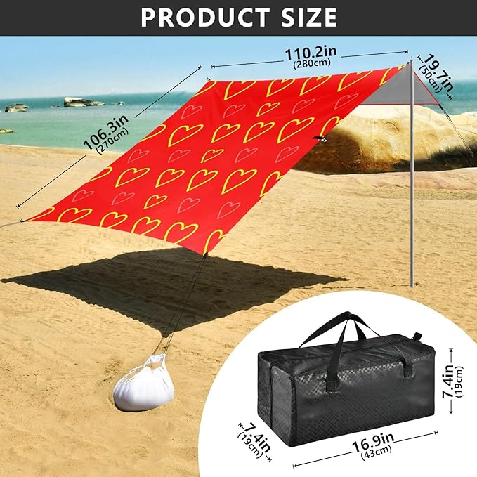 Beach Canopy with Windproof Ropes &amp Sandbags Beach Tent Sun Shade Sun Shelter for Camping Trips Fishing Backyard Fun or Picnics Heart