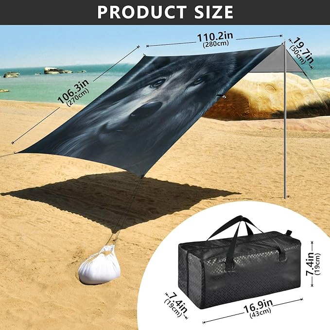 ALAZA Wolf Head Animal Beach Tent Sun Shelter UPF50+ Protection Beach Shade Canopy w/ 4 Sandbags for Outdoor Camping Fishing Backyard Fun Picnic 10x9 ft