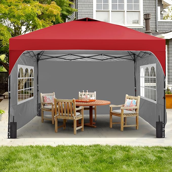 GDY 12x12FT Pop Up Canopy Tent with One Push Setup Easy to Install with 4-Sidewalls for Events Parties Camping Outdoor Gazebo with 4-Sandbags and Wheel BagRed.