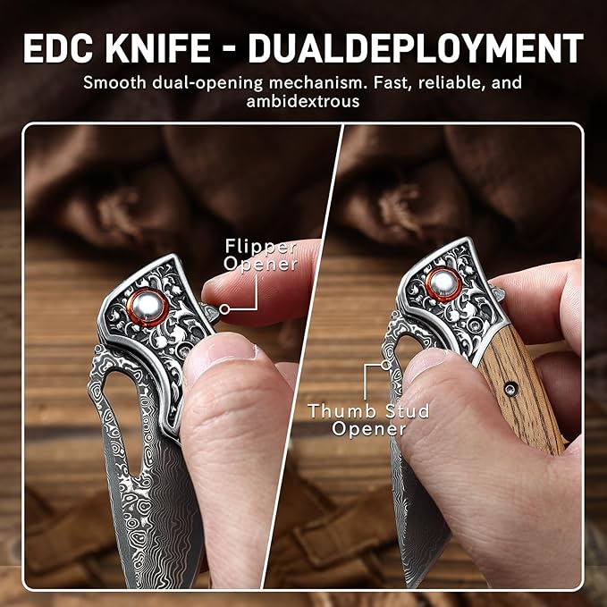 Damascus Pocket Knife with Wooden Handle Sharp 3.54 Damascus Steel Blade Folding Knives for EDC Outdoor Camping Hiking Collection