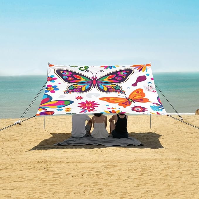ALAZA Flower Butterfly Floral Boho Beach Tent Sun Shelter UPF50+ Protection Beach Shade Canopy w/ 4 Sandbags for Outdoor Camping Fishing Backyard Fun Picnic 10x9 ft