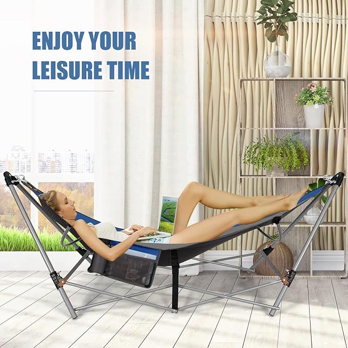 Portable Folding Hammock w/Side Pocket Lounge Camping Bed w/Metal Stand &amp Anti-tip Buckles Outdoor Camping Hammock with Carrying Bag for Patio Garden Yard Easy Assembly (Blue)