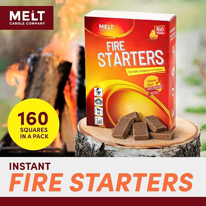 Fire Starter Squares 160 pcs - Charcoal Fire Starters for Campfires Grill Outdoor Pit Fireplace Wood Stove BBQ - Firestarter Sticks Water Resistant &amp Odorless - Camping Accessories Essentia