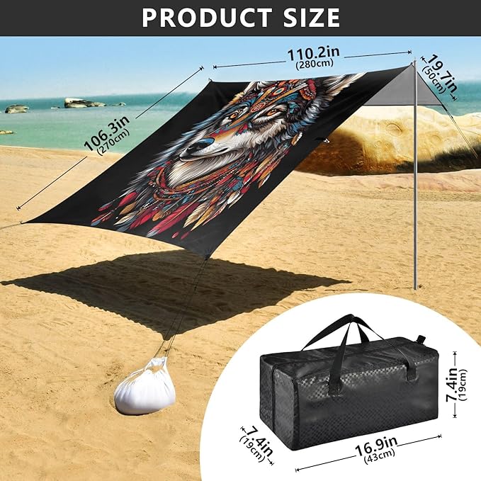 ALAZA Boho Wolf Indian Beach Tent Sun Shelter UPF50+ Protection Beach Shade Canopy w/ 4 Sandbags for Outdoor Camping Fishing Backyard Fun Picnic 10x9 ft