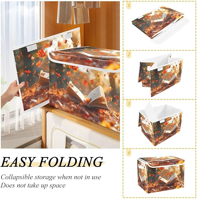 AIXIWAWA Lidded Storage Cube (Autumn Book) Fabric Foldable Closet Bins with Flip Lid and Handles Organizer Basket Container 16.5 x 12.6 x 11.8 IN