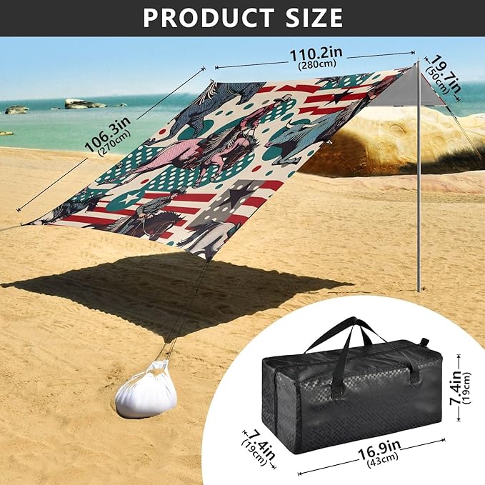 American Cowboys Beach Tent Sun Shelter Set UPF50+ UV Protection 10.5 x 9.19 FT Camping Shade Canopy with Sandbags Sand Anchors Carrying Bag and Others