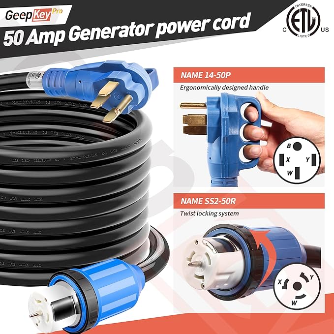 50 Amp Generator Cord and Power Inlet Box [Pre-Drilled] 25FT Generator Cords 50 Amp125V/250V Generator Power Cord NEMA14-50P/SS2-50R Twist Lock Connector