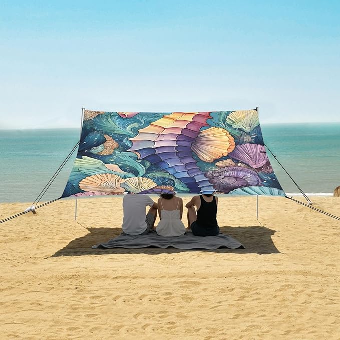 ALAZA Seahorse Seashell Beach Tent Sun Shelter Portable Canopy Sunshade for Outdoor Camping Picnics Backyard Fun 10x9 ft