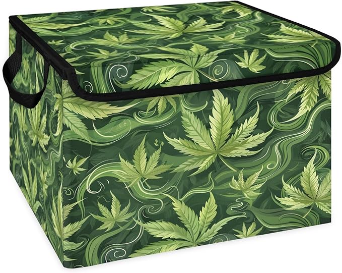 Leaf Storage Bins with Lids Green Leave Foldable Storage Boxes with Carrying Handle Organizer Containers Baskets Cube for Home Bedroom Closet