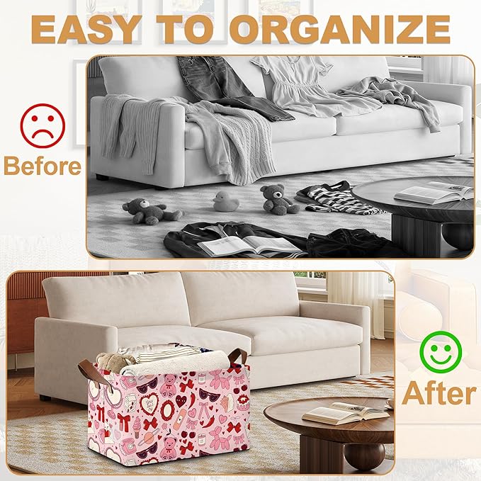 Storage Bin with Handles Pink Bowknot Collapsible Laundry Baskets for Books Laundry - Use in Nursery Closet Organizers and Storage Blanket Basket