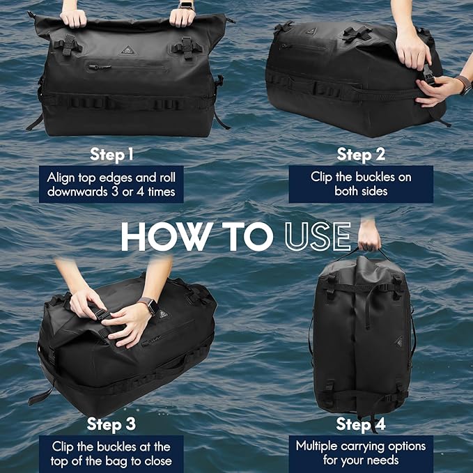 Haimont Large Waterproof Duffel Backpack Roll-Top Heavy Duty Dry Duffle Bag for Boating Travel Motorcycle Kayaking Camping 60L