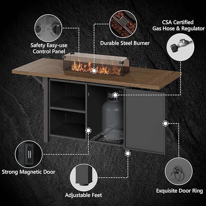 55 Propane Fire Pit Table50000btu Gas Fire Pit Table with Brown Windshield &amp Lava Rock2 in 1 Foldable Expansion Table Fire Pit with CSA Certification Firepit Table for Outdoor Patio