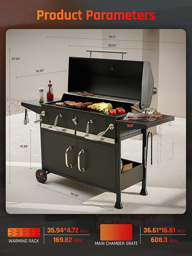NATURAL EXPRESSIONS Charcoal Grills BBQ grill36 in Large Smoker Grill with Dual-Zone Lifting TraysHeavy Duty Charcoal Grill with Foldable Side TablesLarge Outdoor Grill for BackyardBBQParty
